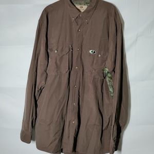 Mossy Oak Brown Button Up Long Sleeve Breathable Fishing Shirt With Logo Size XL